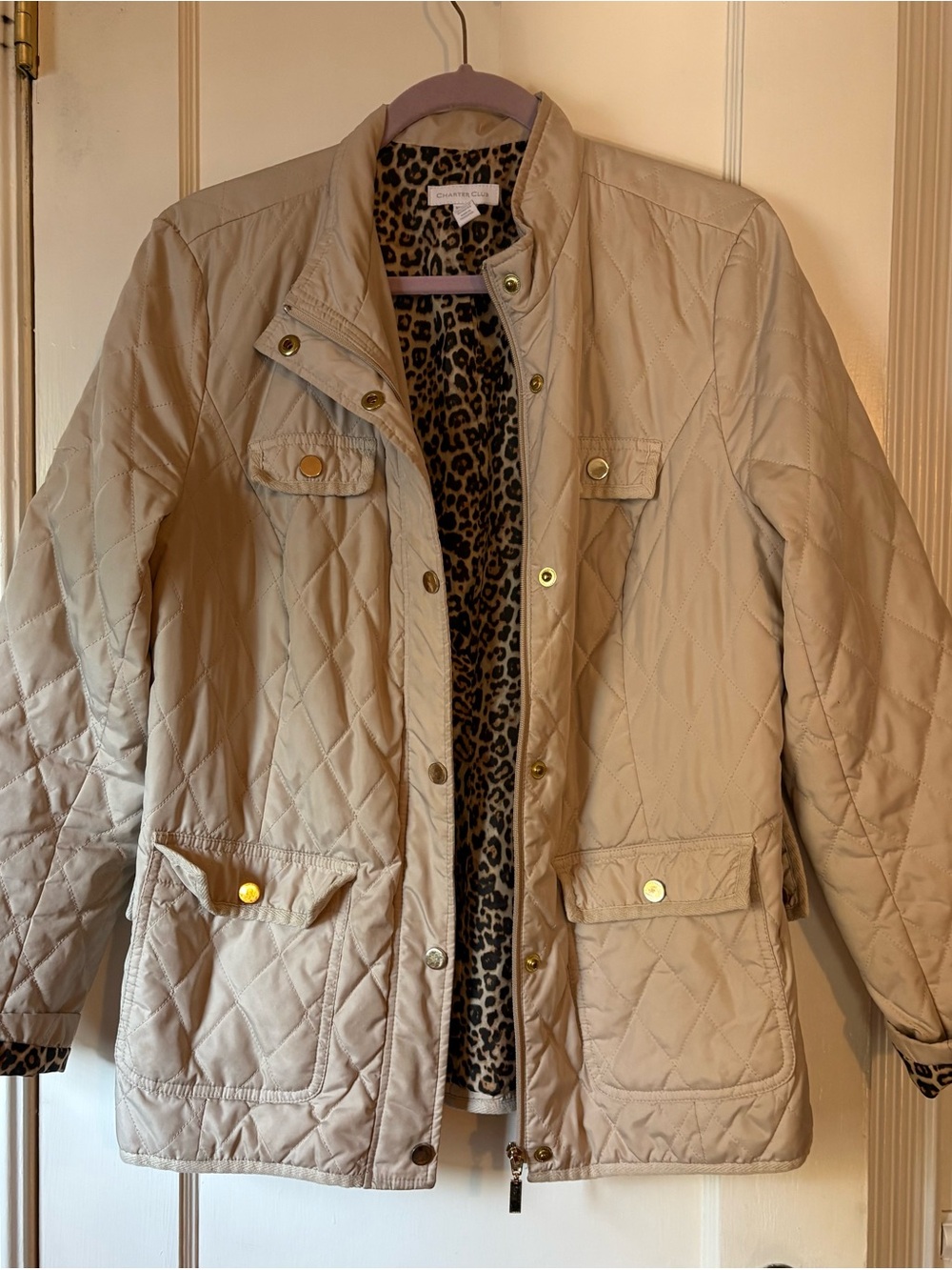Charter Club Quilted Beige Women's Jacket with Leopard Lining women's sz Medium